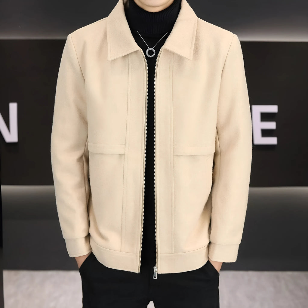 Polo collar casual jacket in khaki colour with side seam pockets and regular length cut