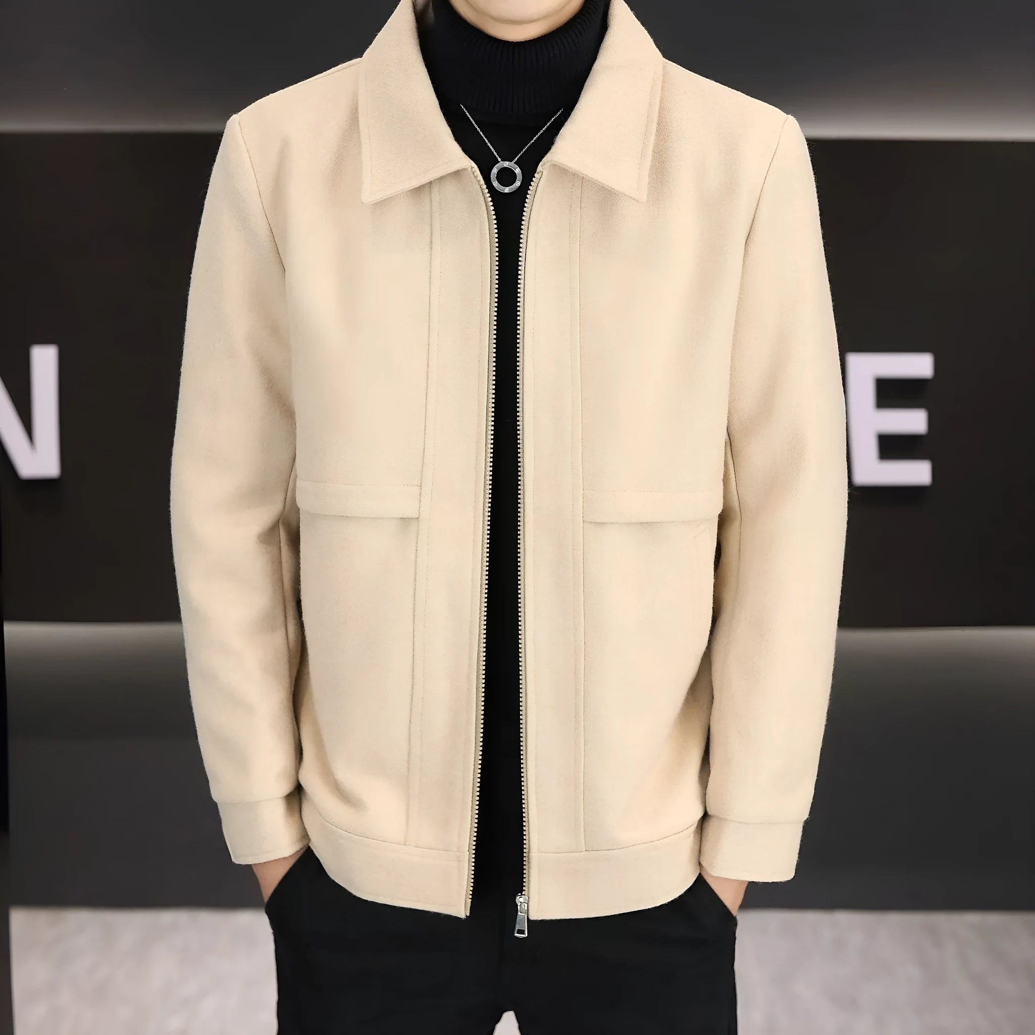Polo collar casual jacket in khaki colour with side seam pockets and regular length cut