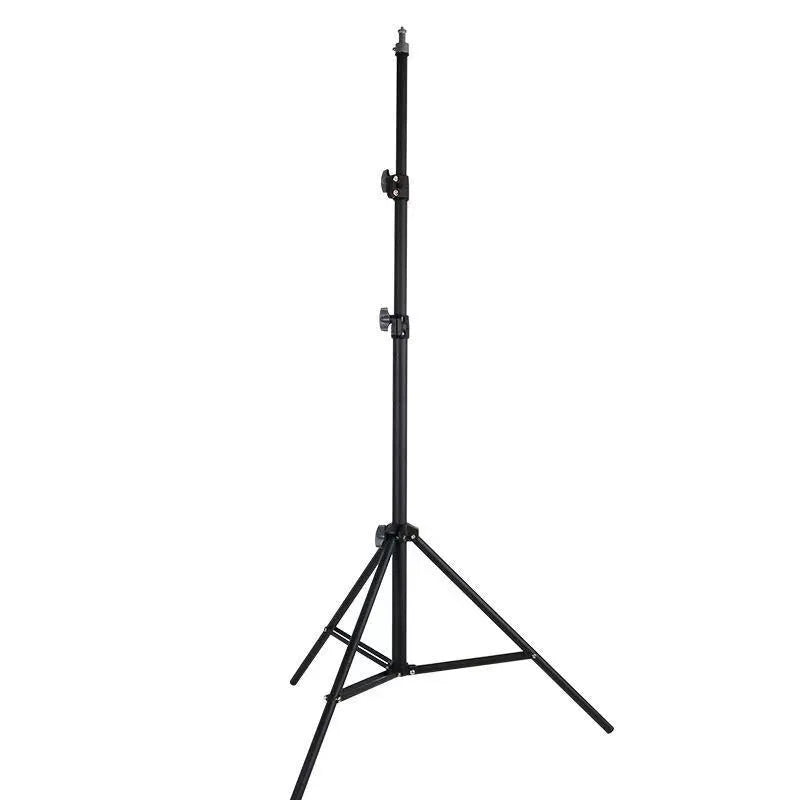 Frosted finish tripod stand with mobile phone holder attached, showing height adjustment mechanism