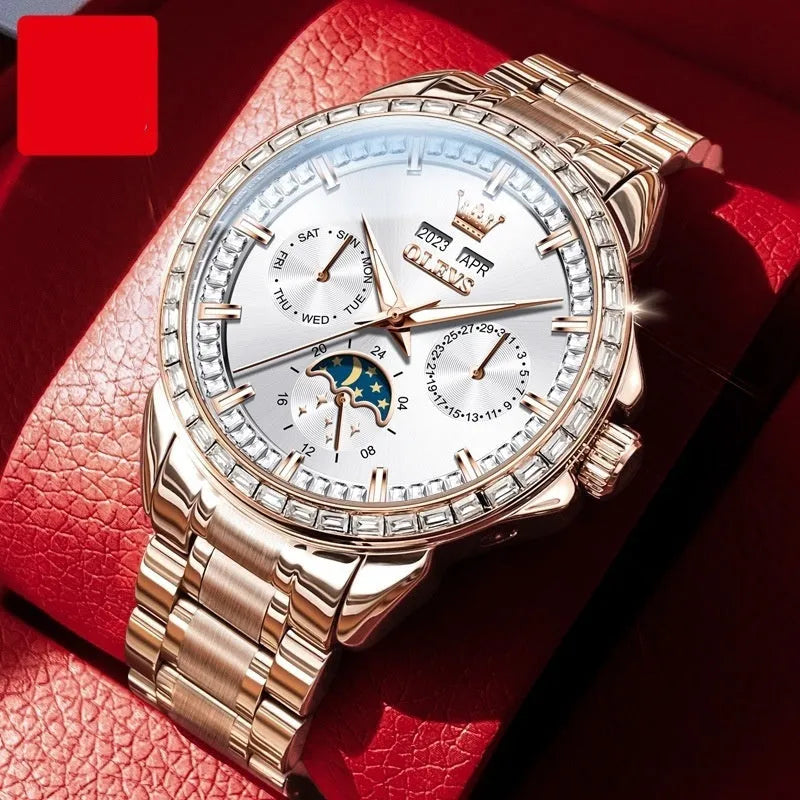 Men's automatic mechanical watch with diamond dial on stainless steel strap