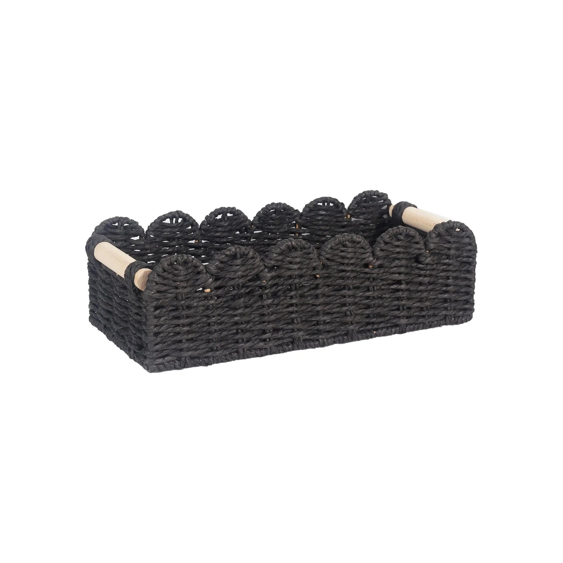 Woven paper storage basket measuring 35.5cm x 16cm x 10cm in khaki colour on desktop