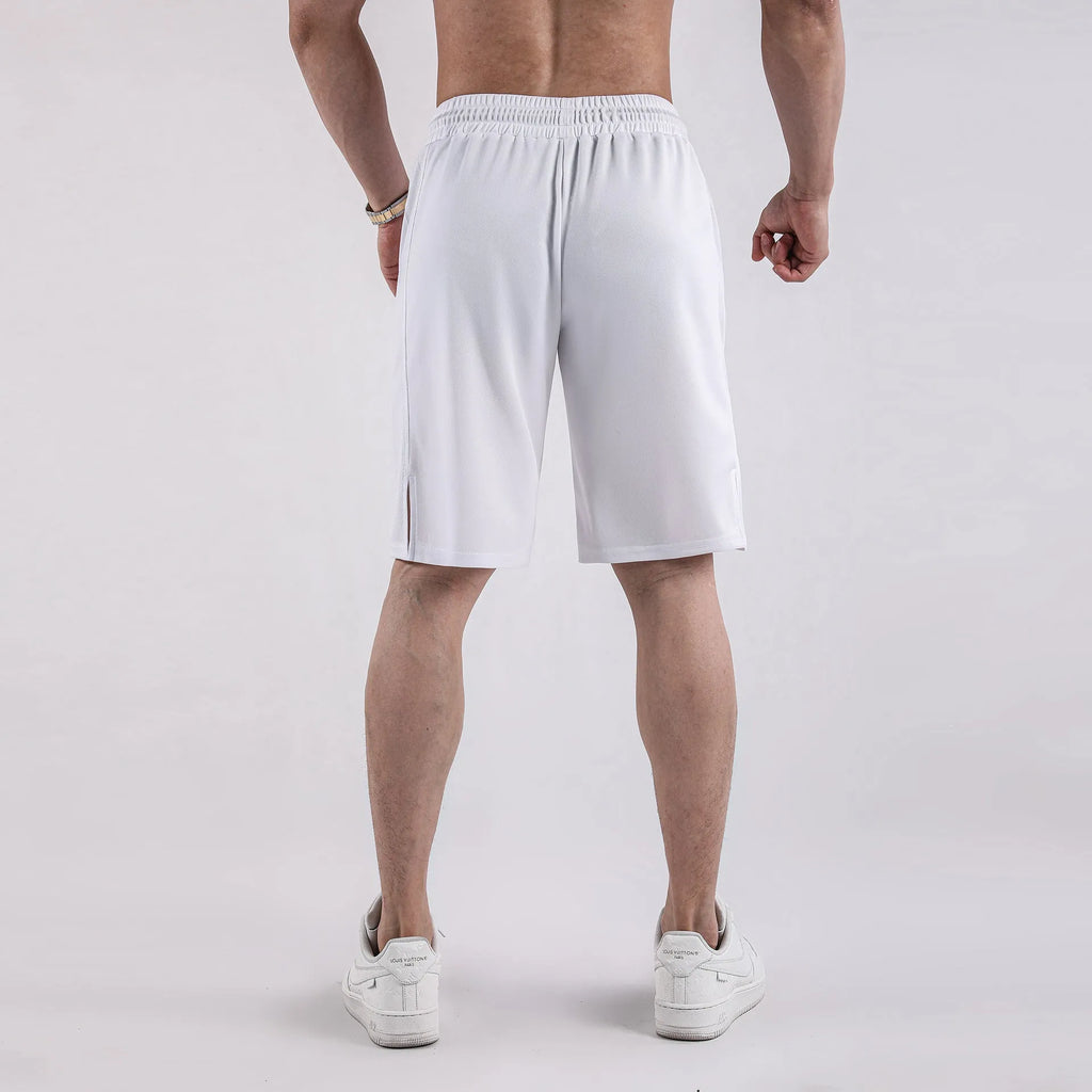 Men's black mesh fitness shorts with quick-drying fabric and mid-waist loose casual design