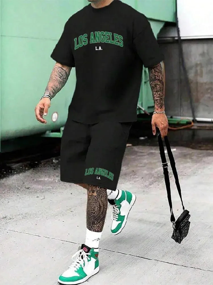 Men's 3D printed personality letter short sleeve top and shorts set in sports leisure style