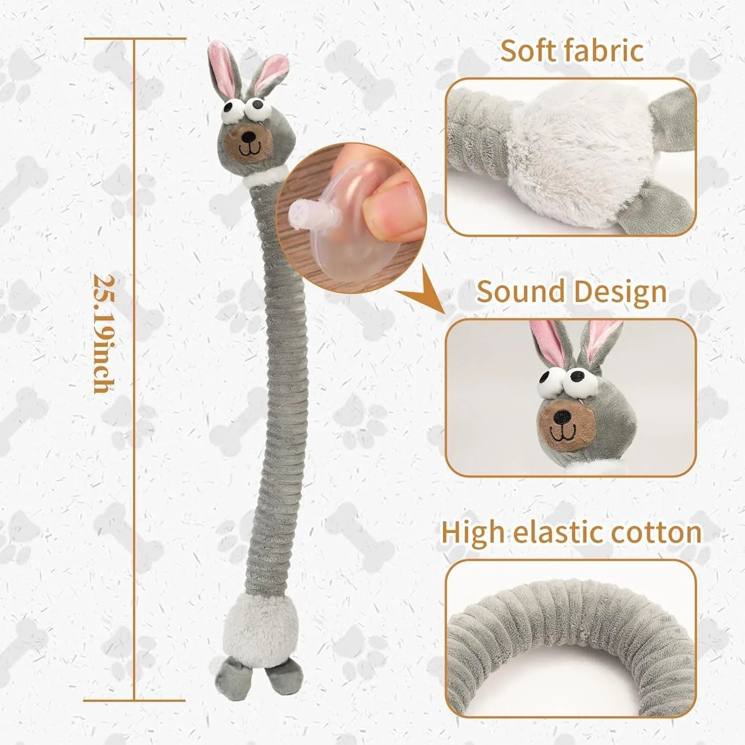 Plush squeaky dog toy with crinkle paper interior in brown, grey, and yellow colours