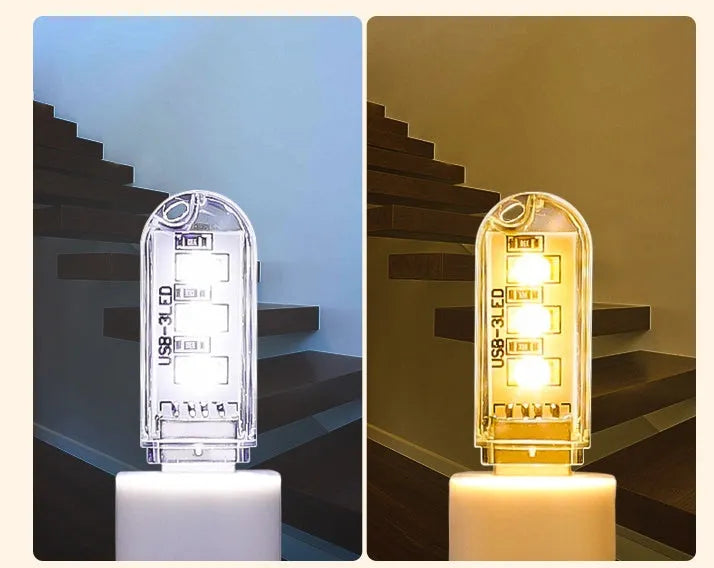 Small white LED baby night light with USB cable, measuring 6cm by 1.8cm