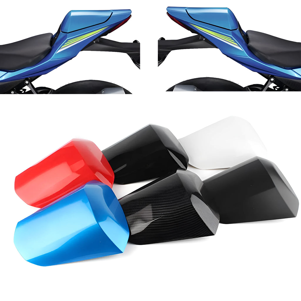 GSXR1000 motorcycle rear cowl seat cover in ABS plastic, shown in available colours including Carbon Fibre.