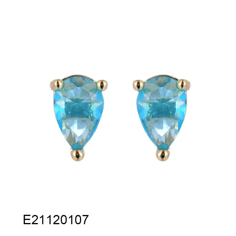 Brass gold-plated drop earrings with pear-shaped candy-coloured zircon stones