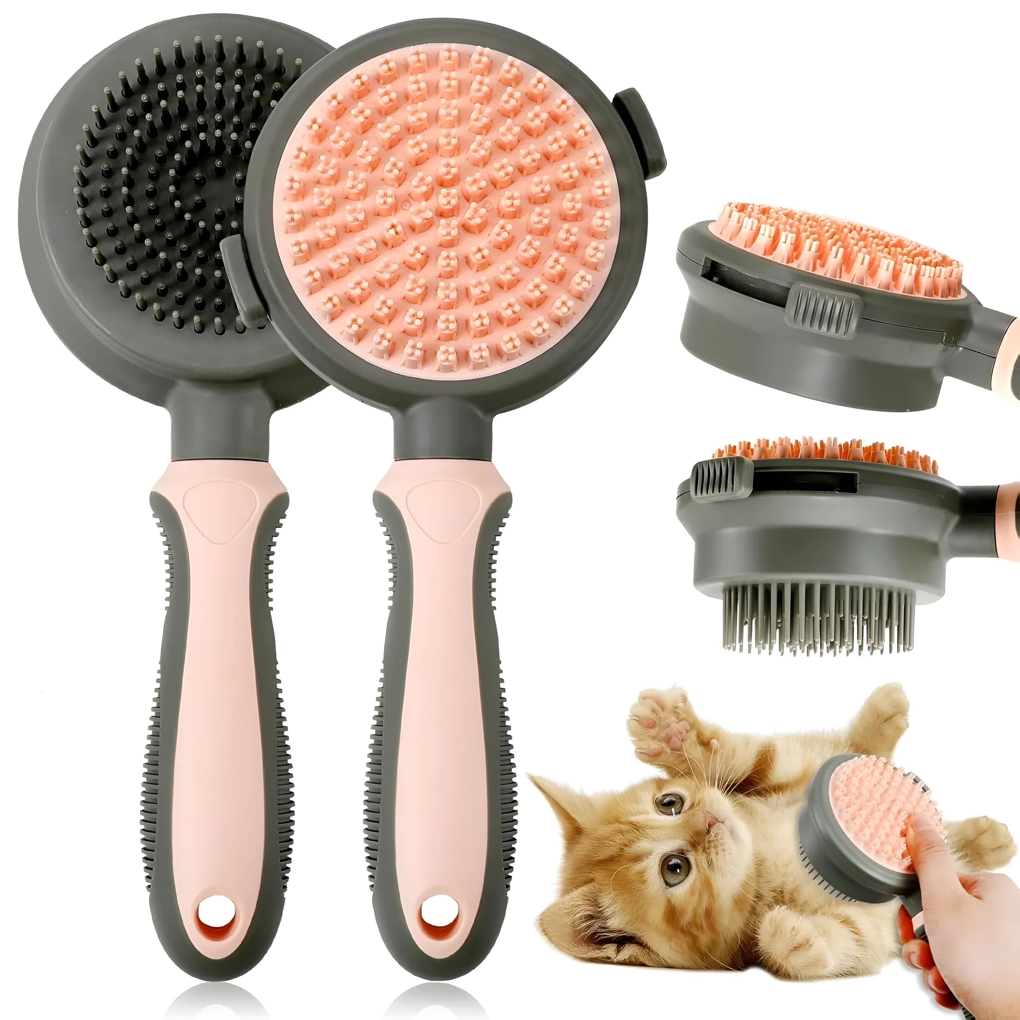 Double sided pink cat brush with release button and separate flea comb for grooming