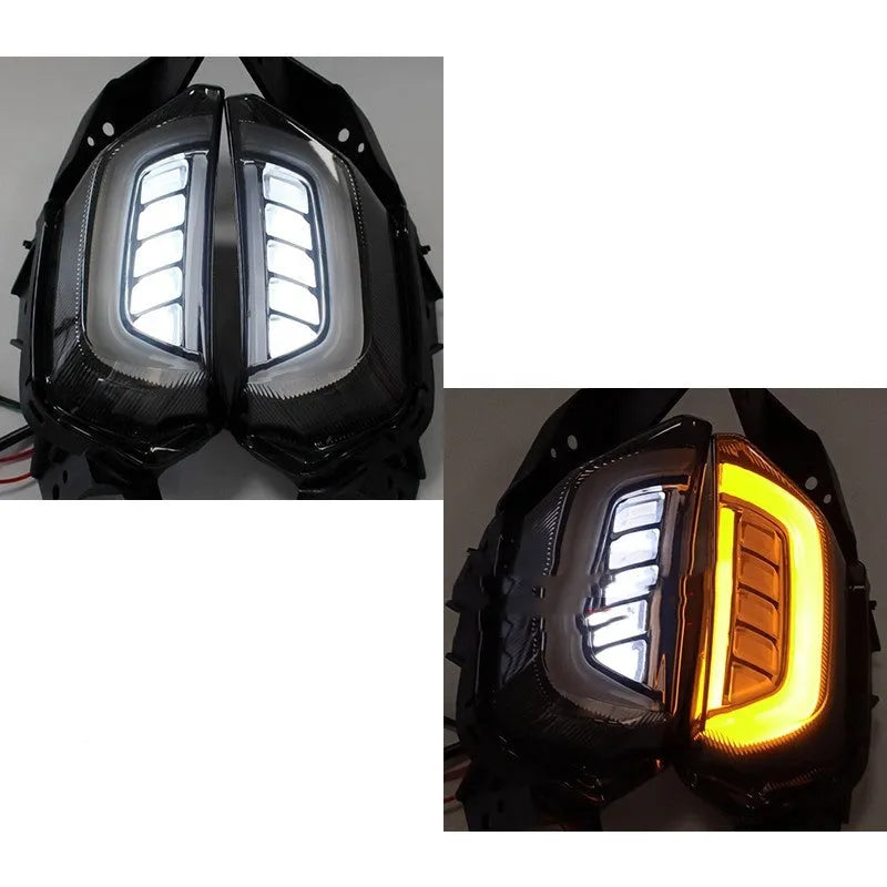 Pair of LED steering turn signal lights for Yamaha NMAX155 scooter in blue and yellow colour.