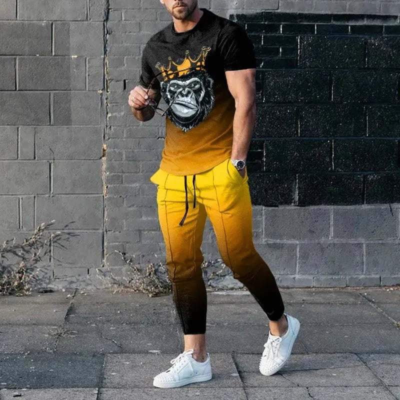 Man wearing a solid-colour short-sleeve top and matching trousers from a polyester sports set.