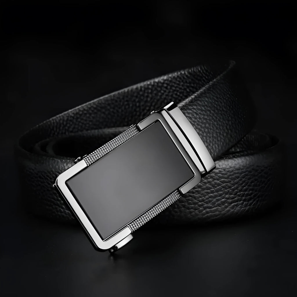 Men's leather automatic buckle belt in gun black, silver, and gold colour options on a white background