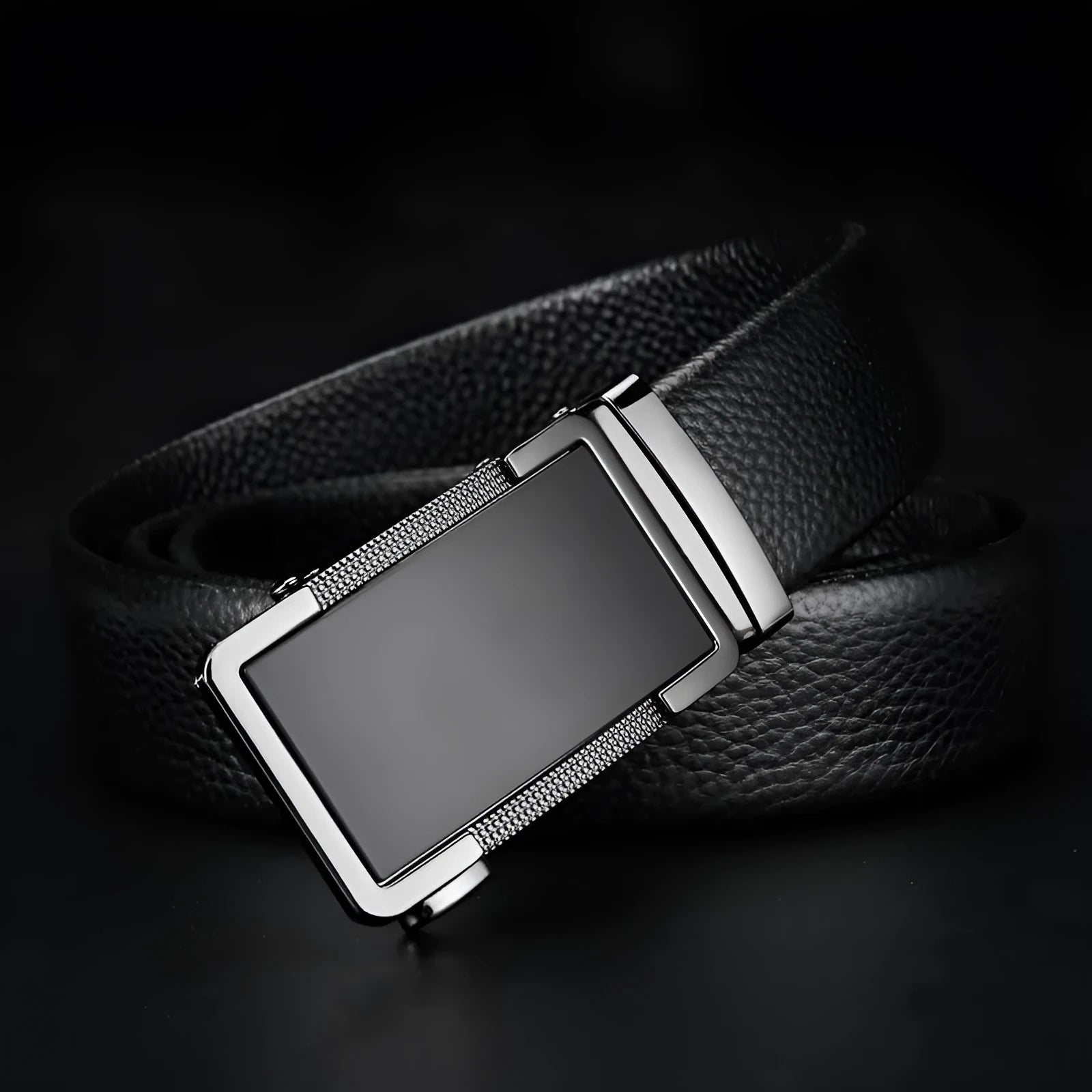 Men's leather automatic buckle belt in gun black, silver, and gold colour options on a white background