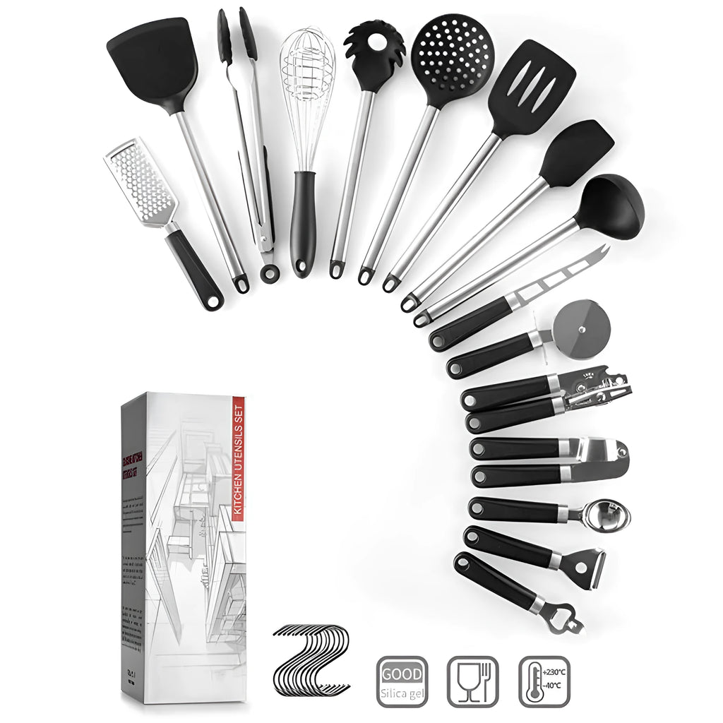 Black silicone kitchen spatula spoon set with stainless steel handles 16 pieces modern design