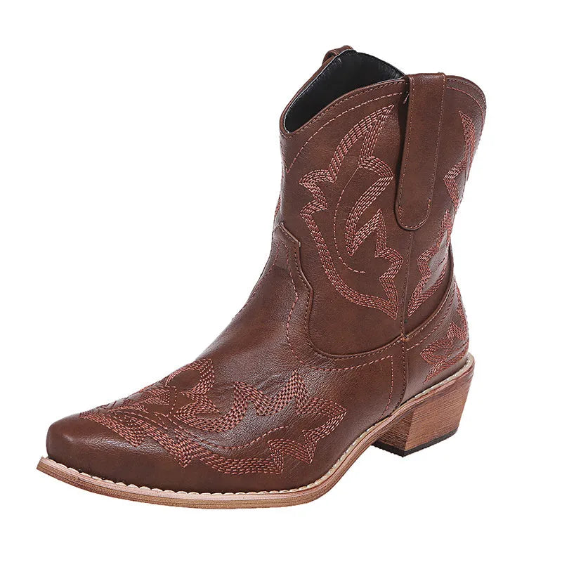 Blue women's cowboy boots with floral embroidery, a wedge heel, and a pointed toe.