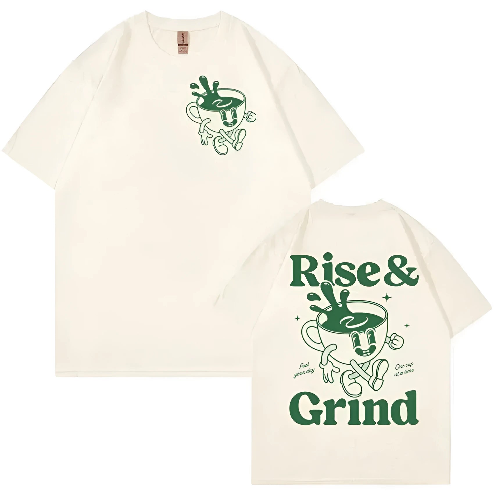 Loose fit linen t-shirt with Rise and Grind cartoon graphic print in multiple colours