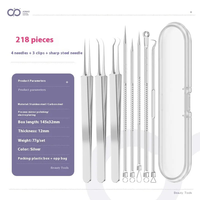 Four silver metal acne needles with pointed tips for skincare extraction.