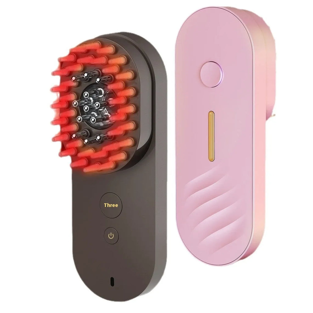 Smart massage comb with red light therapy function in pink colour option showing compact size