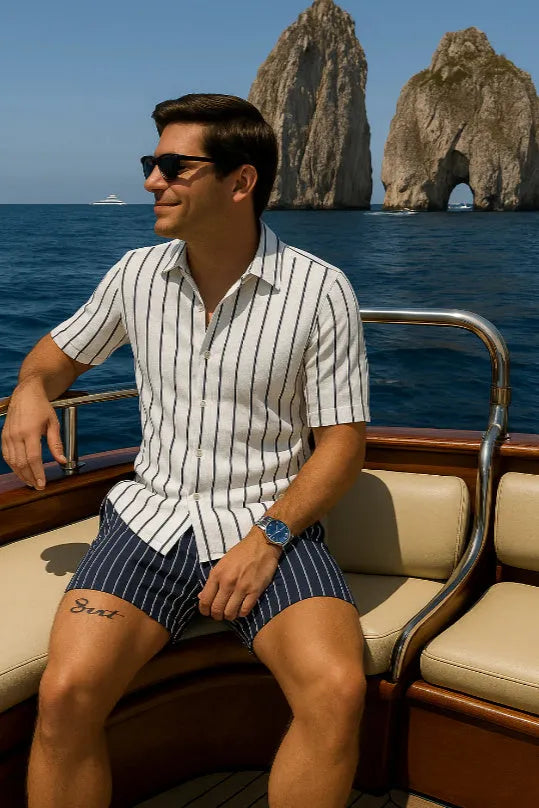 Men's beach shirt and shorts set in four-sided elastic fabric available in multiple sizes