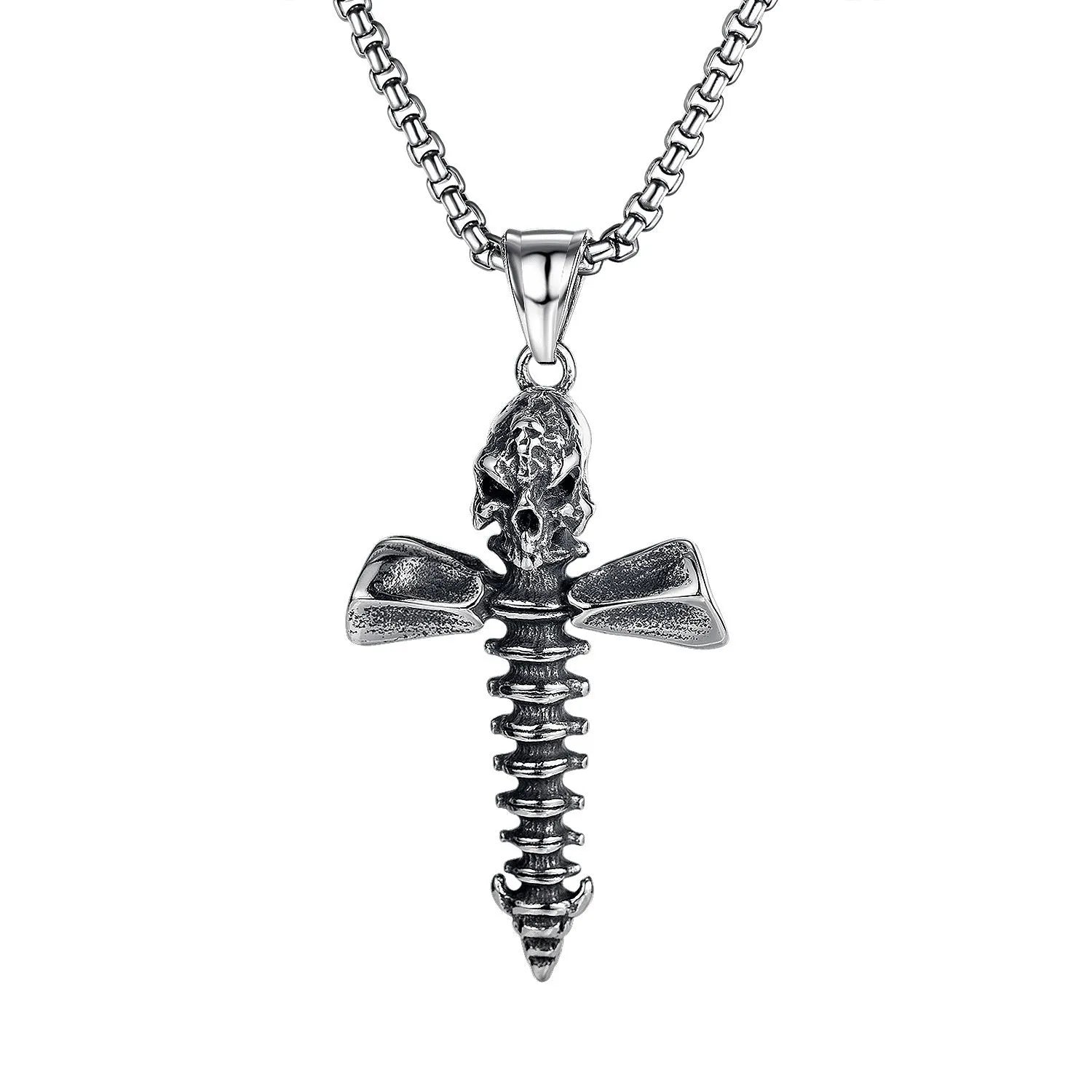 Men's silver stainless steel necklace with alloy skull pendant