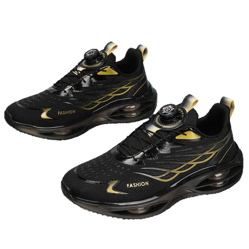 Casual breathable running shoes in sky blue, black gold, or white with mesh upper and rubber sole