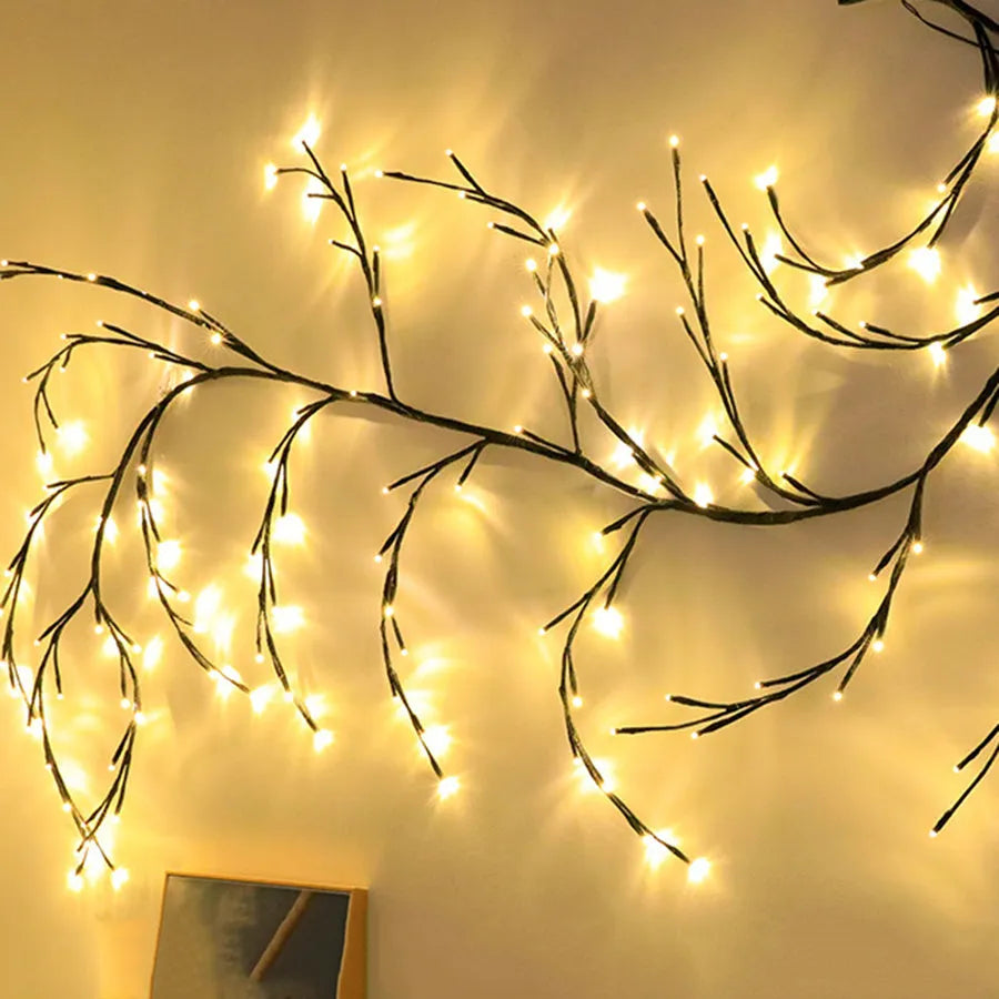 Flexible DIY willow vine LED garland lights with birch texture and 144 warm white bulbs