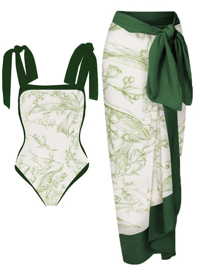 Women's floral print chiffon swimsuit with attached skirt in two-piece design