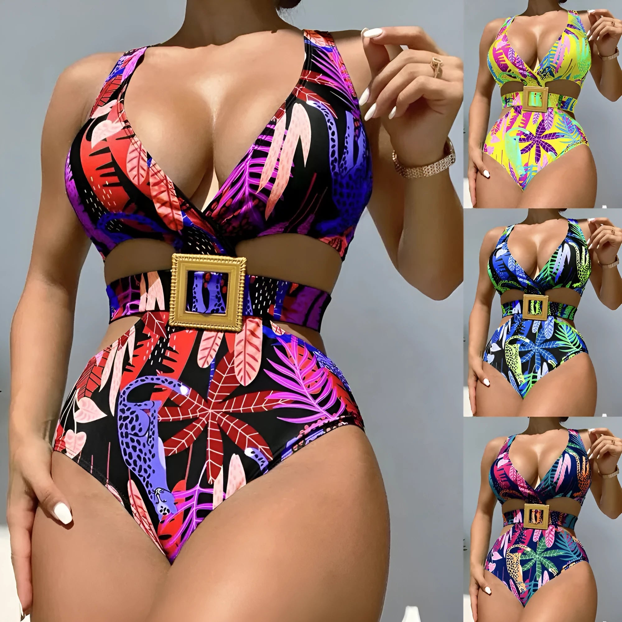 Women's one-piece high waist bikini swimsuit with straps in a printed polyester fabric