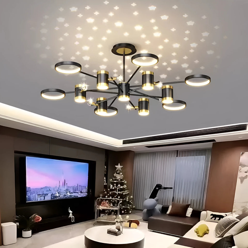 Black iron pendant chandelier with 13 light heads in Nordic star design