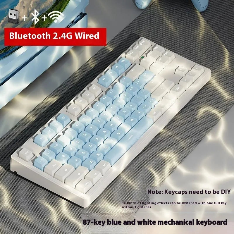 Triple-mode mechanical keyboard in various colour options showing 87-key and 108-key layouts