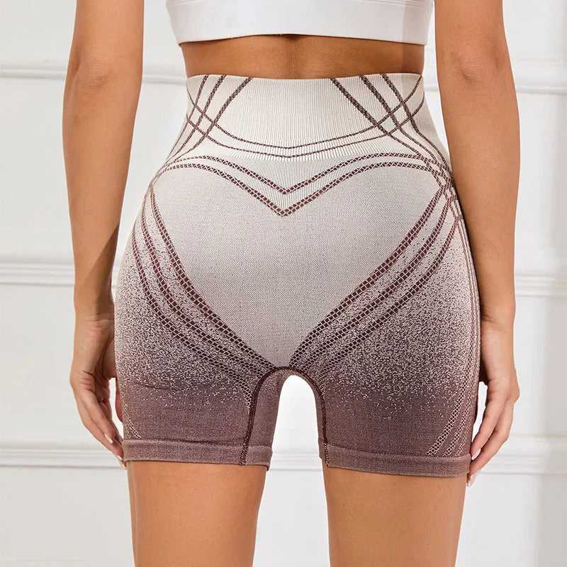 Women's high waisted gradient fitness shorts in black and brown colours for yoga and running