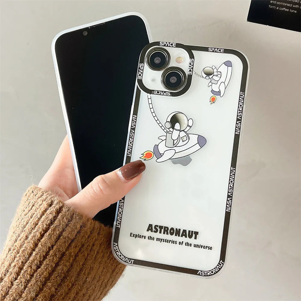 Transparent silicone iPhone case with blue astronaut print showing phone compatibility