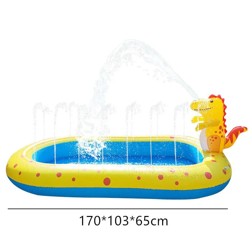 Blue dinosaur-themed inflatable water play pool with spray features for children's outdoor use