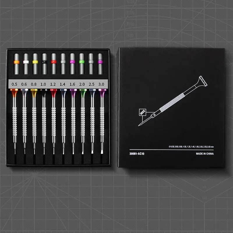 Boxed set of 10 precision screwdrivers and 20 spare bits for glasses and watch repair.