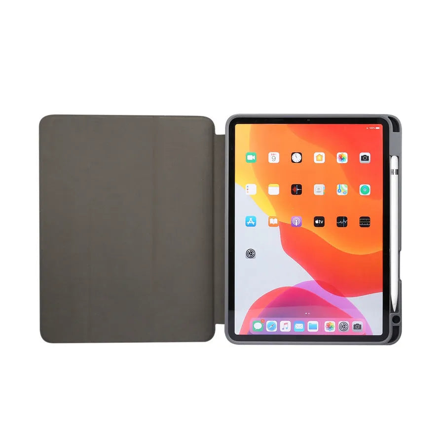 iPad tri-fold marbling leather case with pen slot in dark grey colour