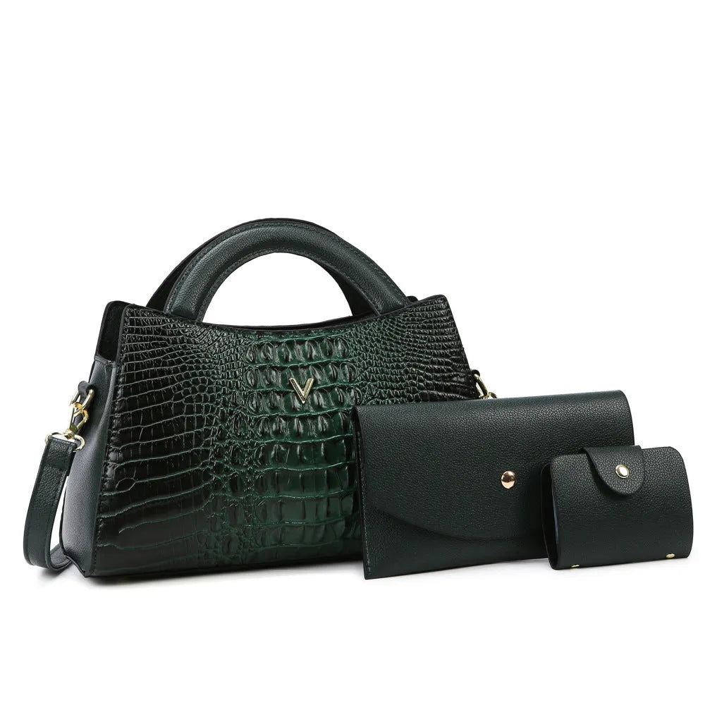 Square vertical women's crossbody handbag in crocodile-print PU leather, showing internal organiser pockets.
