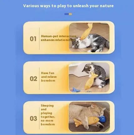 Catnip stuffed fish toy for cats in blue, red and yellow colour options showing large and medium size comparison