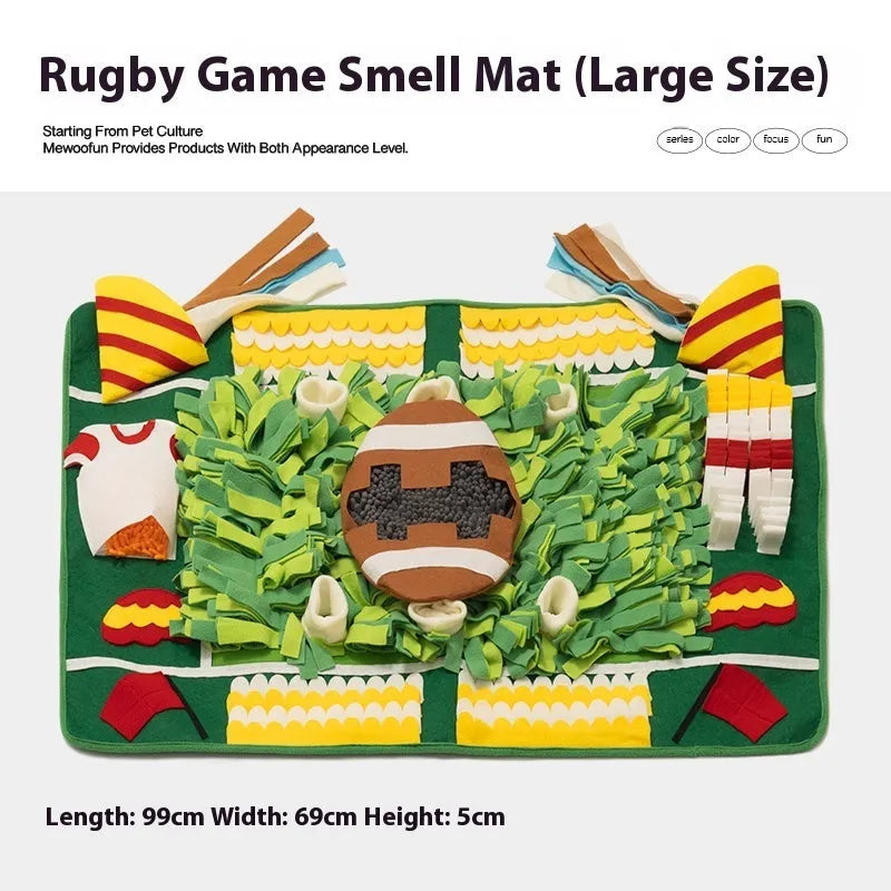 Fabric dog sniffing mat with themed pattern for hiding treats and kibble