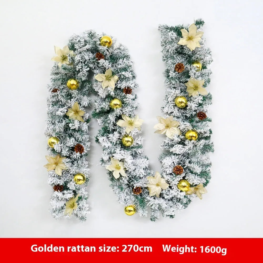 240cm artificial rattan Christmas garland with flocking decoration in golden colour
