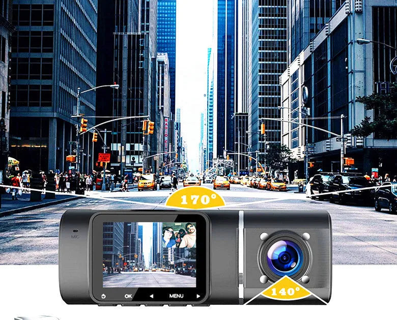 Black dual-channel dash cam on a car windscreen with front and rear recording, 1.5-inch screen.