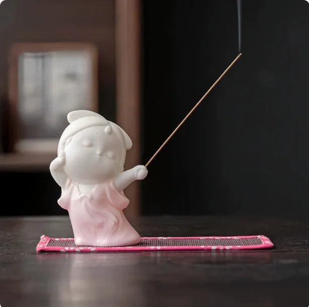 Small ceramic female court attendant figure incense burner decoration in cute style