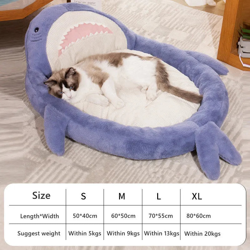 Blue shark pattern pet bed with non-slip base for small to medium dogs