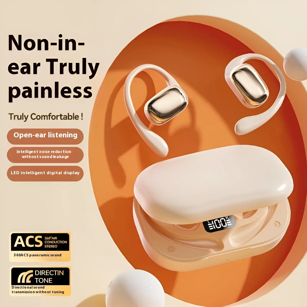 Ear-mounted wireless headphones with digital display screen in skin colour, black, and white colour options.