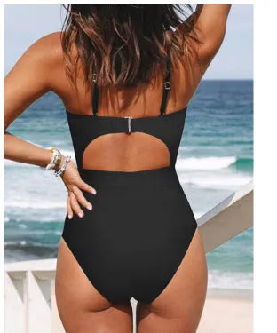 Women's solid colour backless one-piece swimsuit on a hanger, showing high elasticity fabric.