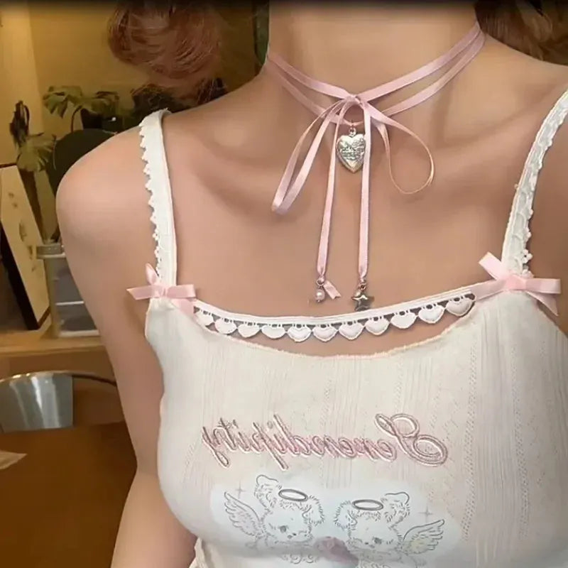 Women's ribbon love pendant necklace with electroplated finish on alloy clavicle chain