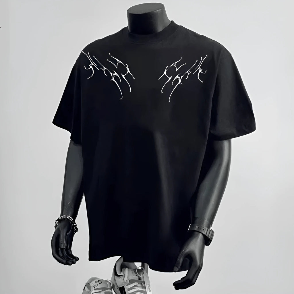 Men's loose fit black printed cotton short sleeve t-shirt on hanger