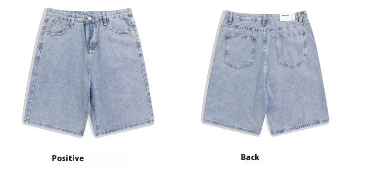 Men's light blue denim shorts with five pockets and straight leg cut on mid-waist fit