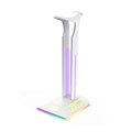 Headset display rack with RGB lighting and dual USB ports on a desk