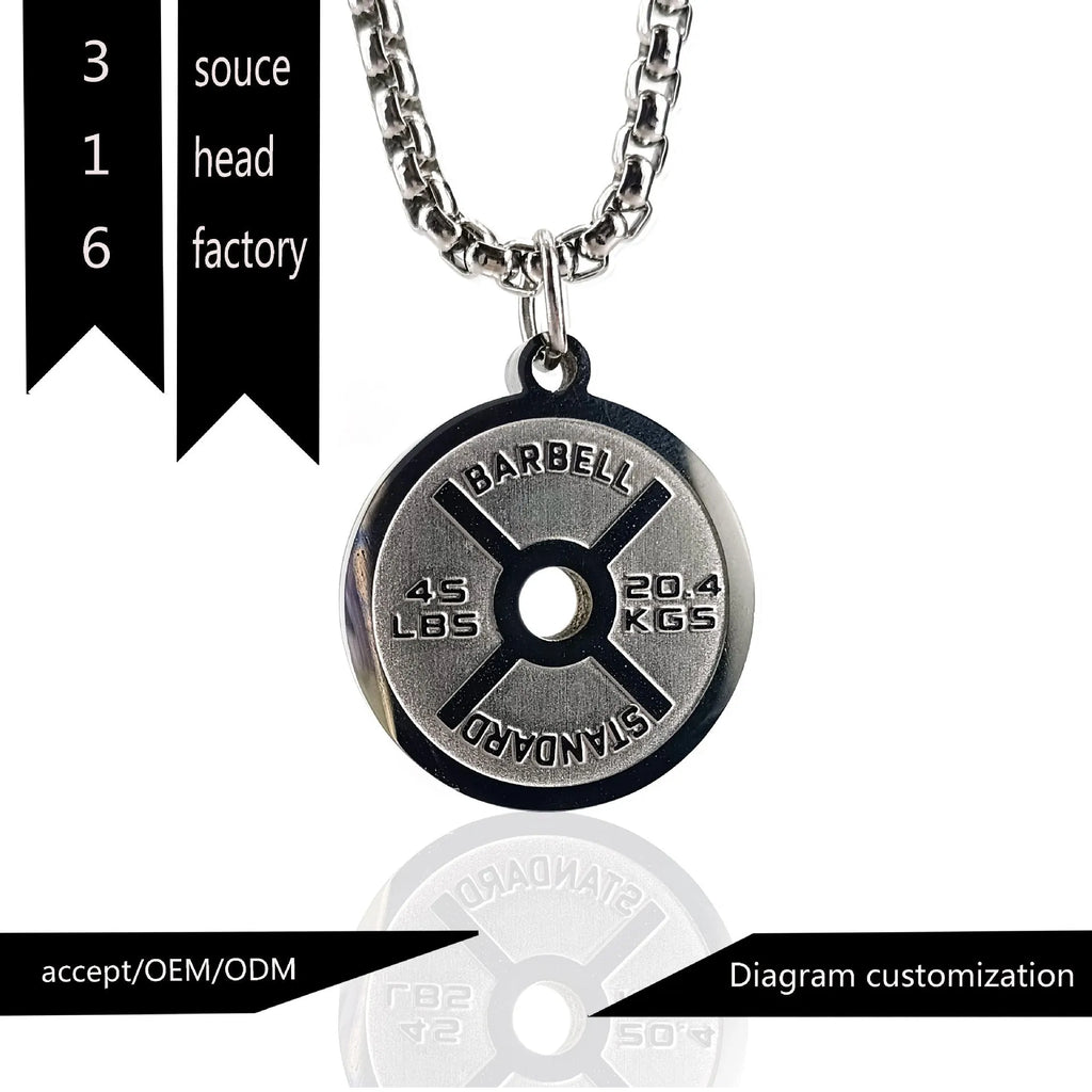 Polished stainless steel barbell disk necklace with geometric pendant on 60cm chain