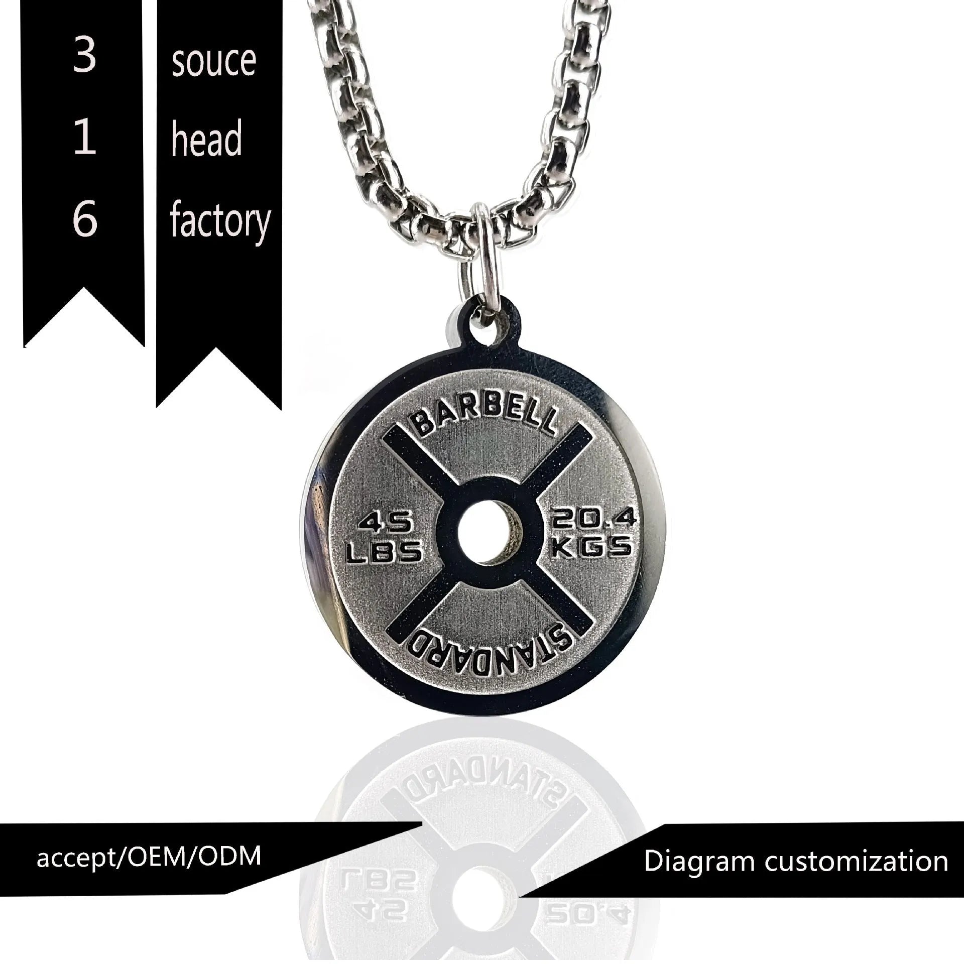 Polished stainless steel barbell disk necklace with geometric pendant on 60cm chain