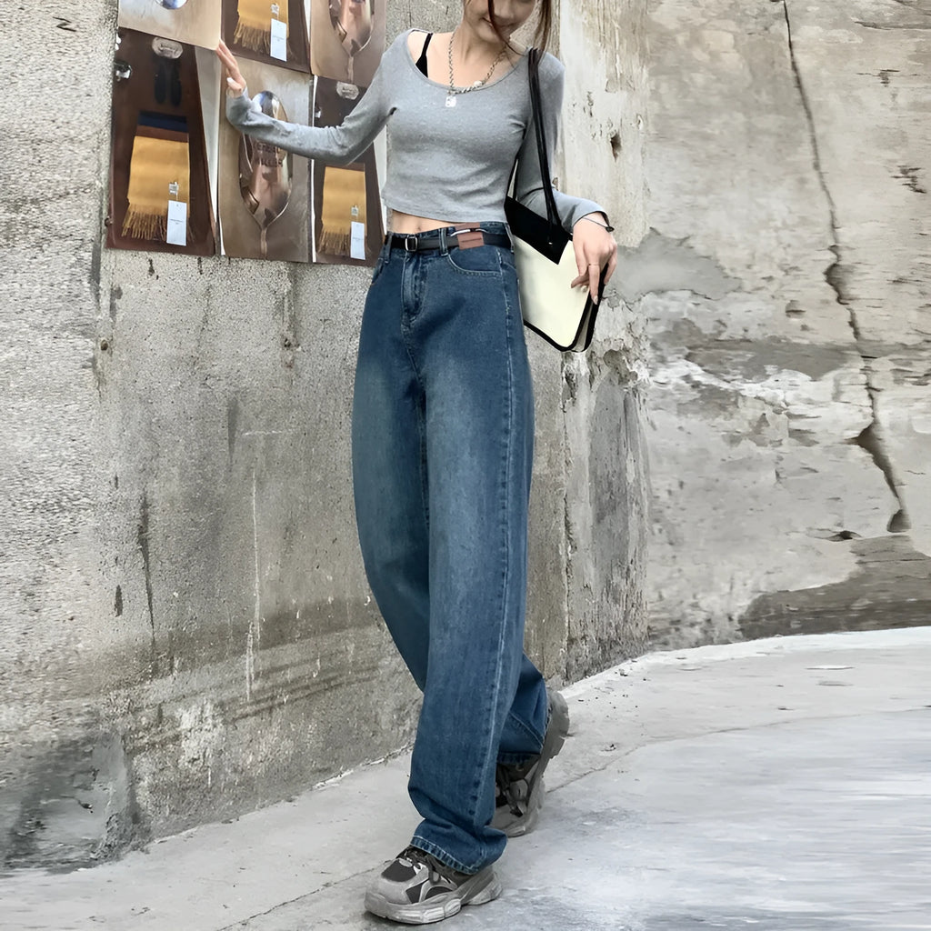 Women's retro blue straight leg jeans with high-waist design in three length variations